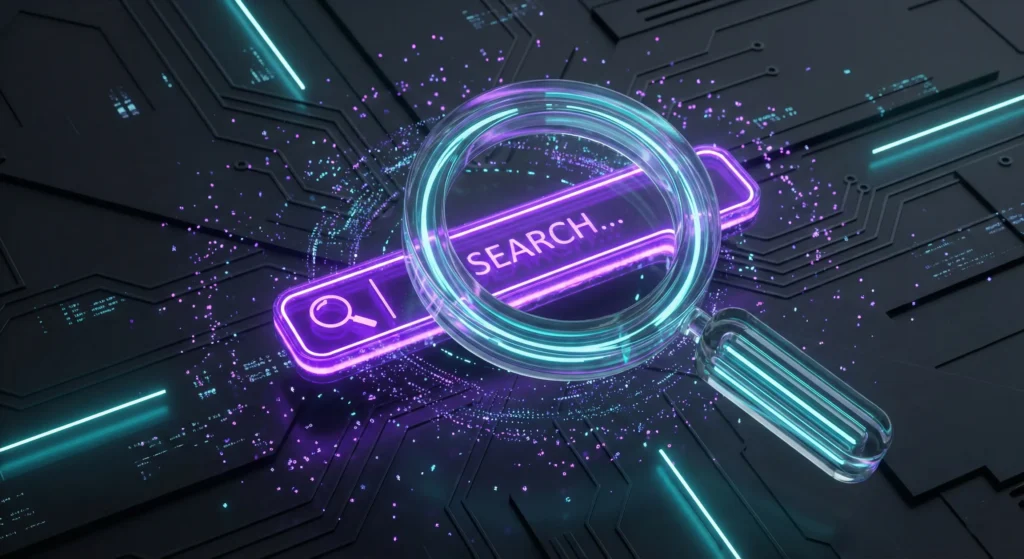 Neon ışıklı büyüteç ve Google arama çubuğu görseli