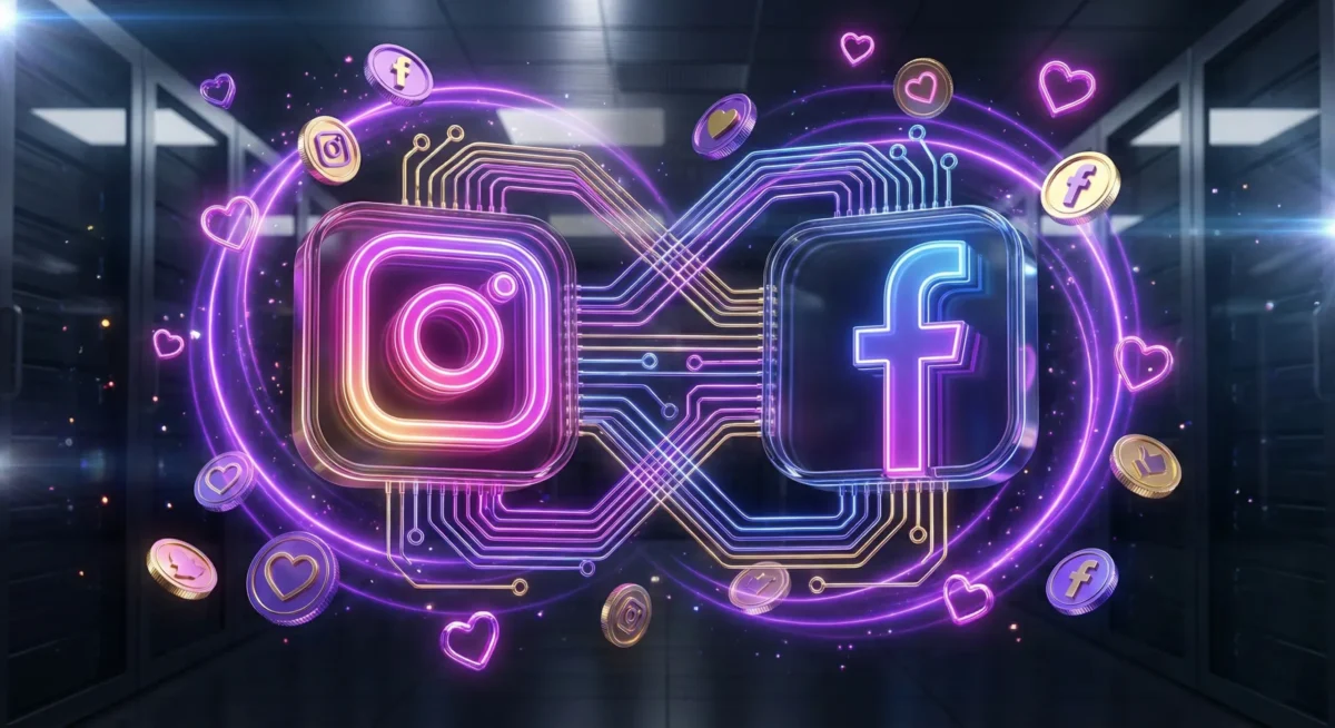 Birbirine bağlı parlayan Instagram ve Facebook logoları