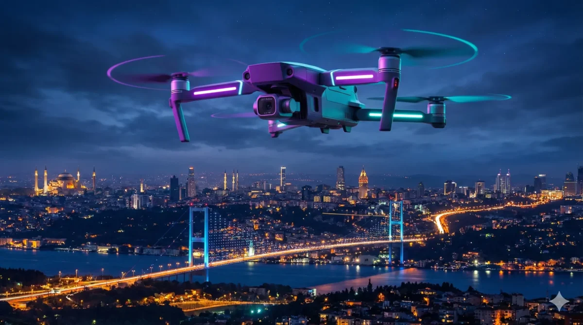 İstanbul Boğazı üzerinde uçan neon ışıklı drone