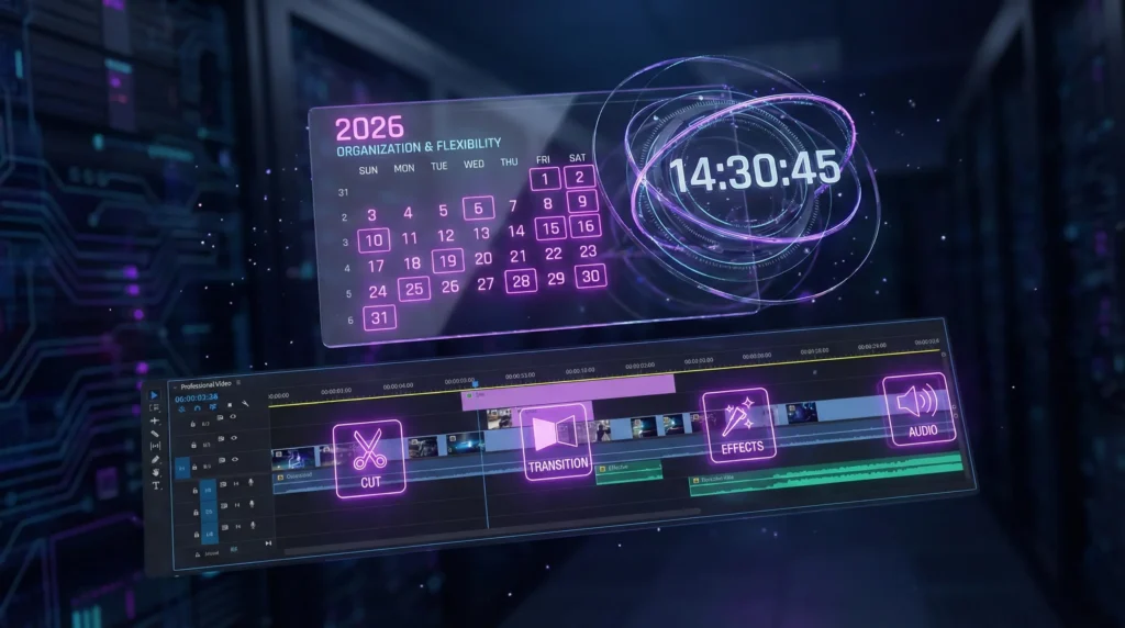 Neon mor dijital takvim ve video kurgu zaman çizelgesi