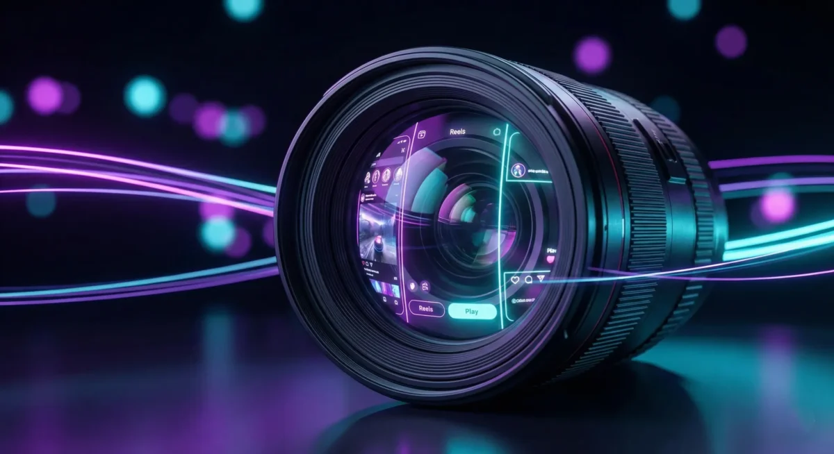 Kamera lensi içinde parlayan sosyal medya arayüzleri