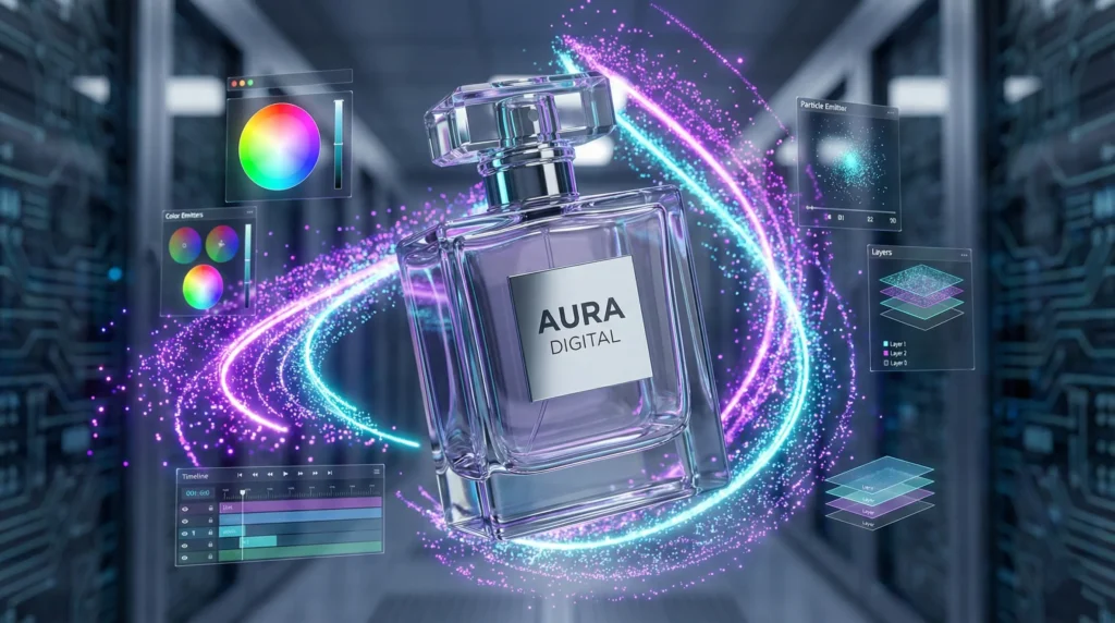 Neon mor ışıklar arasında estetik parfüm şişesi