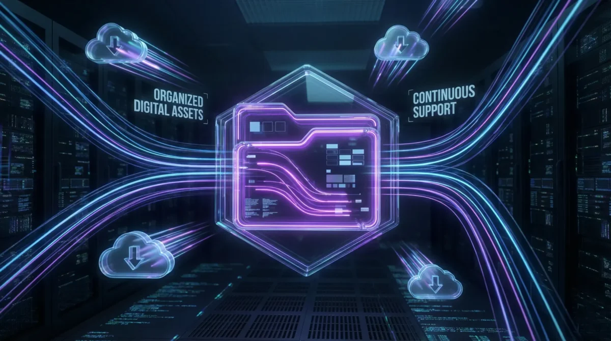 Neon mor parlayan dijital klasör ve bulut depolama ikonları