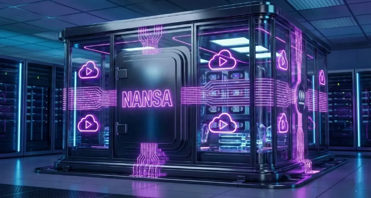 Neon mor "NANSA Storage" yazılı dijital kasa